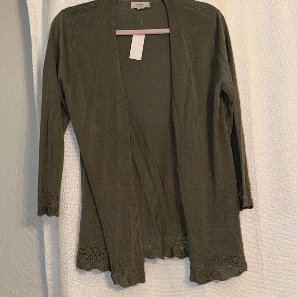 LOFT Olive Green Open-Front Lightweight Cardigan with Lace Trim - Picture 5 of 7